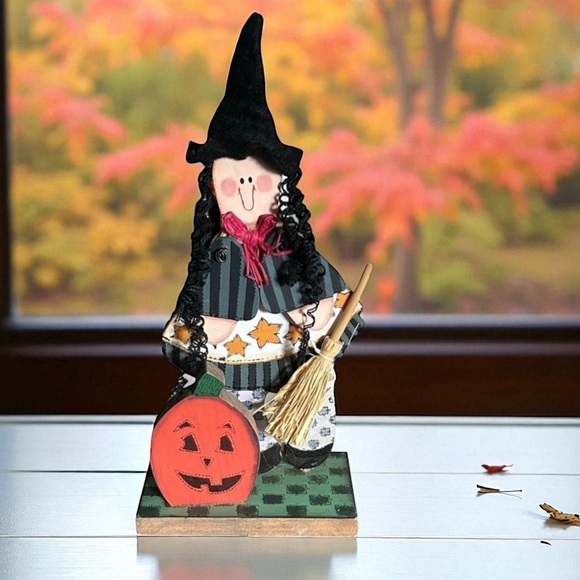 Wooden Halloween Good Witch Figurine with Curly Black Hair and Broom 11” - Picture 9 of 9